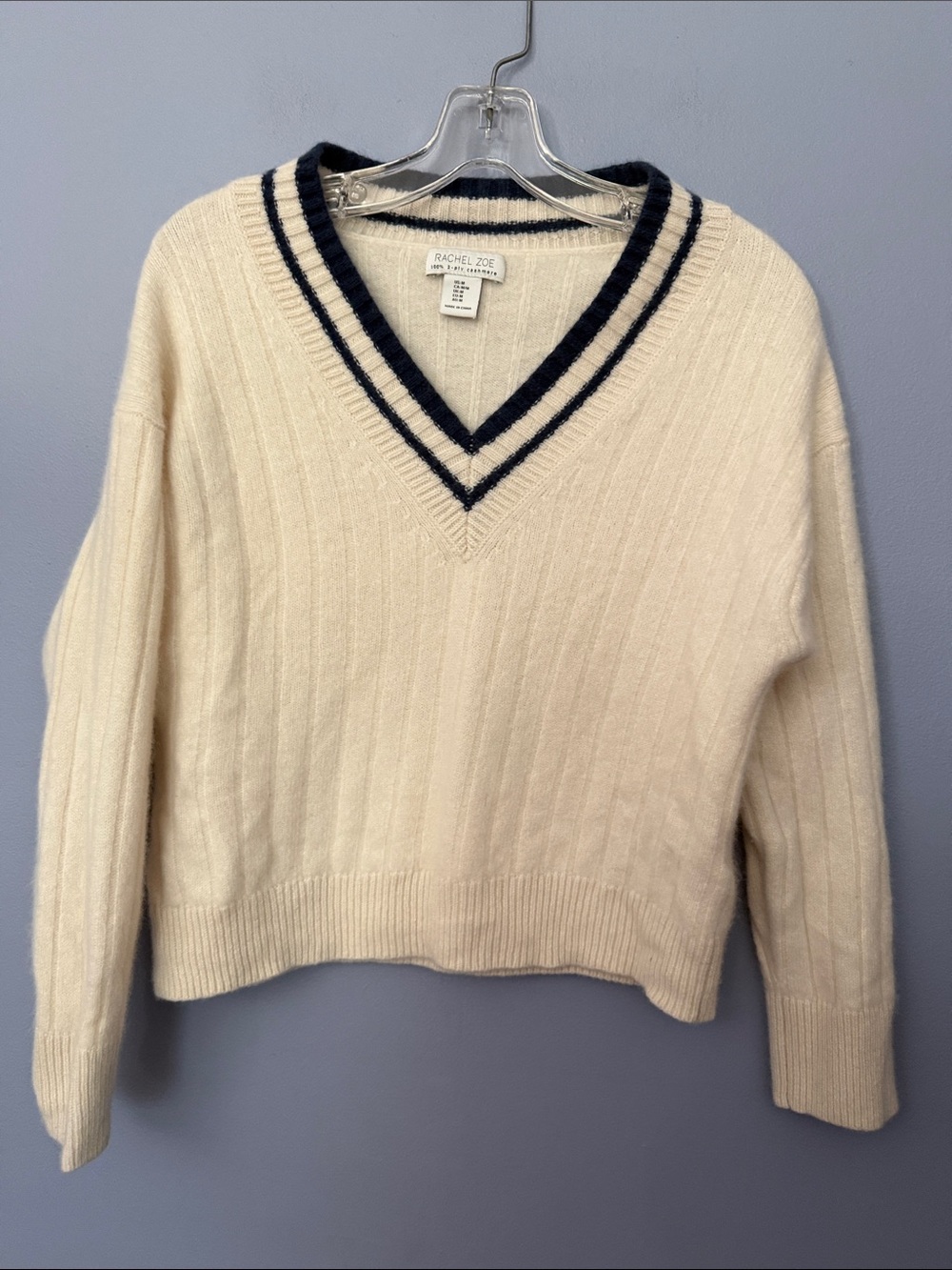 Rachel Zoe Cashmere Cricket Sweater Ivory Navy V-Neck Small